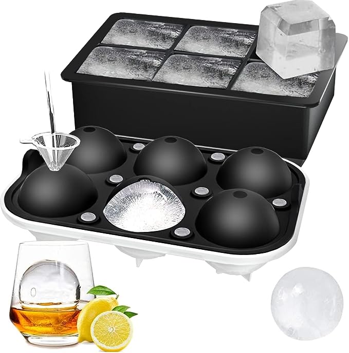 Ice Cube Trays (Set of 2), Sphere Ice Ball Maker with Lid & Large Square Ice Cube Maker for Whiskey, Cocktails and Homemade, Keep Drinks Chilled Black
